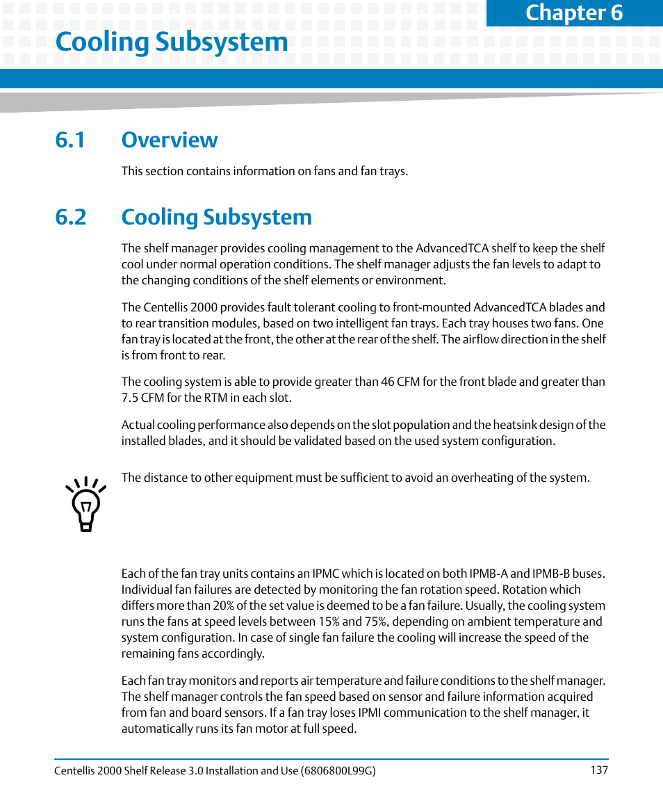 Cooling subsystem, 1 overview, 2 cooling subsystem | 1 overview 6.2 cooling subsystem, Chapter 6 | Artesyn Centellis 2000 Shelf Release 3.0 Installation and Use (May 2014) User Manual | Page 137 / 192