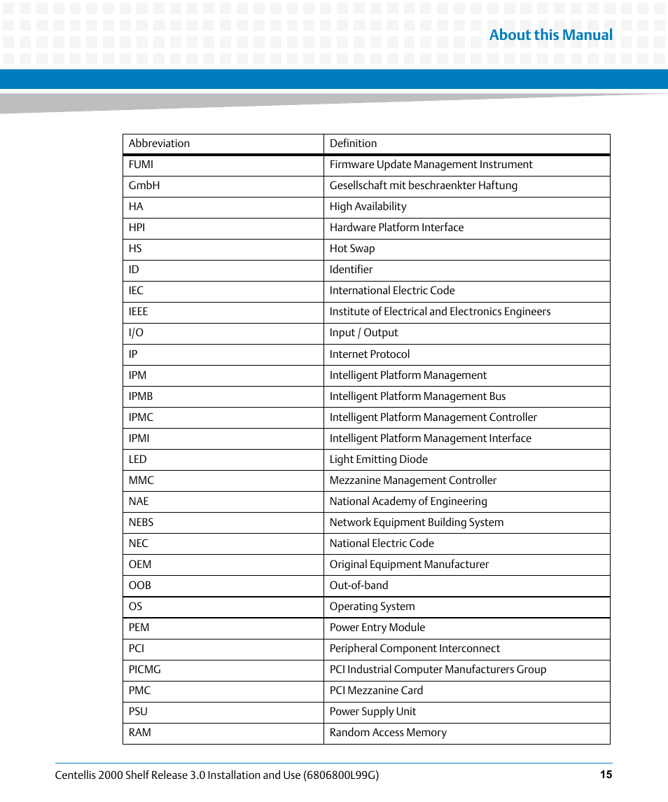 About this manual | Artesyn Centellis 2000 Shelf Release 3.0 Installation and Use (May 2014) User Manual | Page 15 / 192