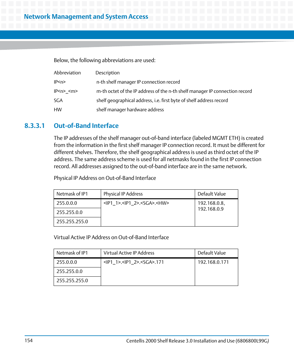 1 out-of-band interface, Network management and system access | Artesyn Centellis 2000 Shelf Release 3.0 Installation and Use (May 2014) User Manual | Page 154 / 192