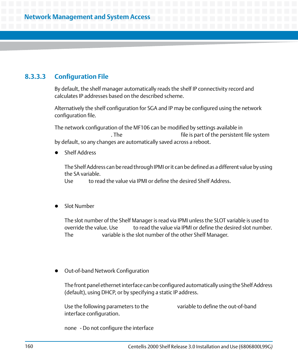 3 configuration file, Network management and system access | Artesyn Centellis 2000 Shelf Release 3.0 Installation and Use (May 2014) User Manual | Page 160 / 192