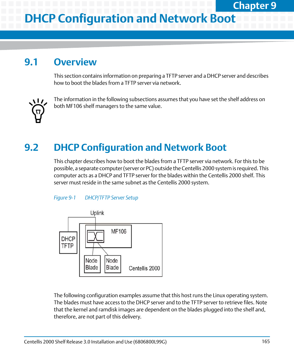 Dhcp configuration and network boot, 1 overview, 2 dhcp configuration and network boot | 1 overview 9.2 dhcp configuration and network boot, Figure 9-1, Dhcp/tftp server setup, Chapter 9 | Artesyn Centellis 2000 Shelf Release 3.0 Installation and Use (May 2014) User Manual | Page 165 / 192