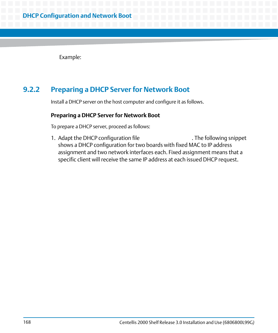 2 preparing a dhcp server for network boot, Dhcp configuration and network boot | Artesyn Centellis 2000 Shelf Release 3.0 Installation and Use (May 2014) User Manual | Page 168 / 192