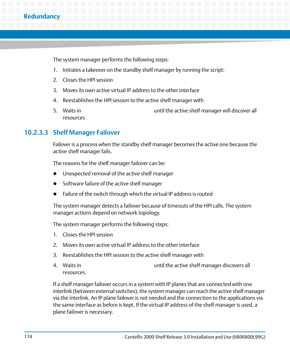 3 shelf manager failover, Redundancy | Artesyn Centellis 2000 Shelf Release 3.0 Installation and Use (May 2014) User Manual | Page 174 / 192