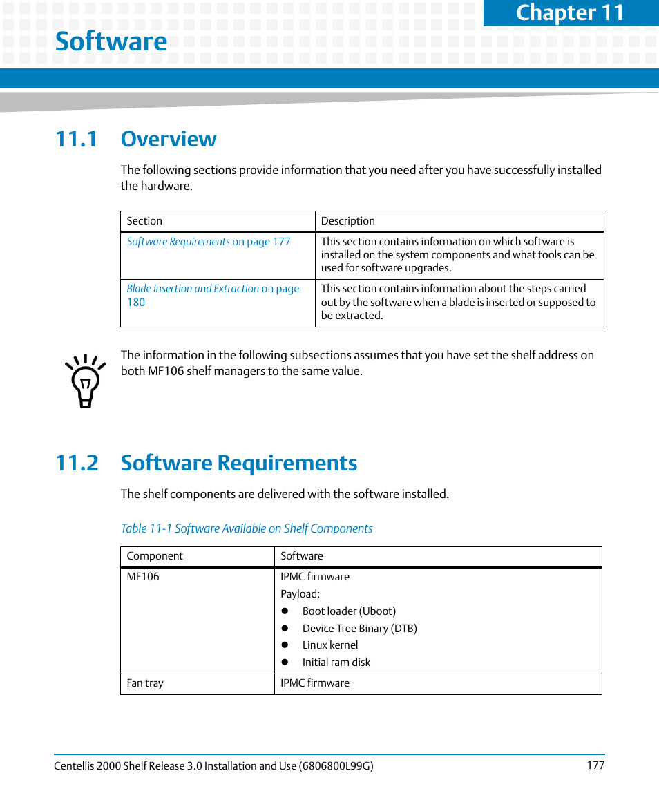 Software, 1 overview, 2 software requirements | 11 software, 1 overview 11.2 software requirements, Table 11-1, Software available on shelf components, Software requirements, Chapter 11 | Artesyn Centellis 2000 Shelf Release 3.0 Installation and Use (May 2014) User Manual | Page 177 / 192