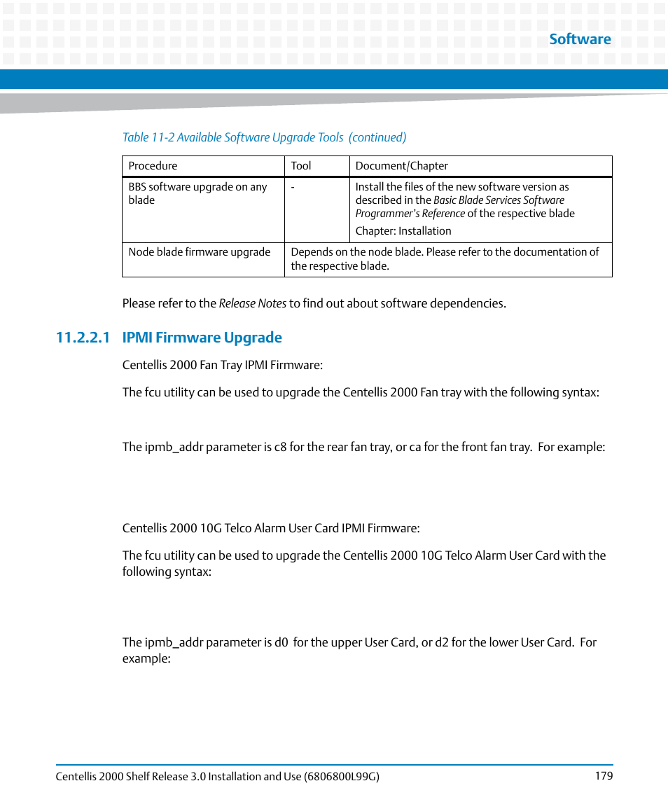 1 ipmi firmware upgrade, Software | Artesyn Centellis 2000 Shelf Release 3.0 Installation and Use (May 2014) User Manual | Page 179 / 192