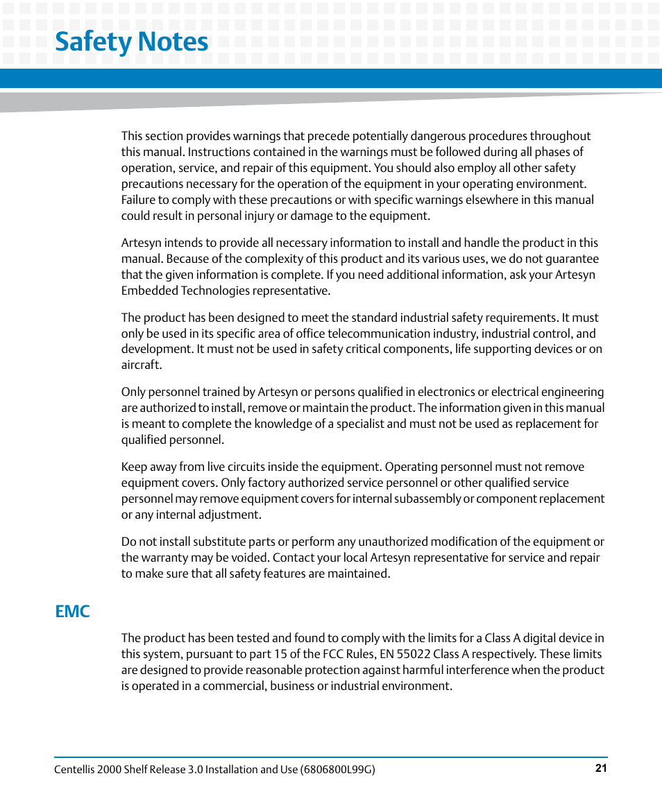 Safety notes | Artesyn Centellis 2000 Shelf Release 3.0 Installation and Use (May 2014) User Manual | Page 21 / 192