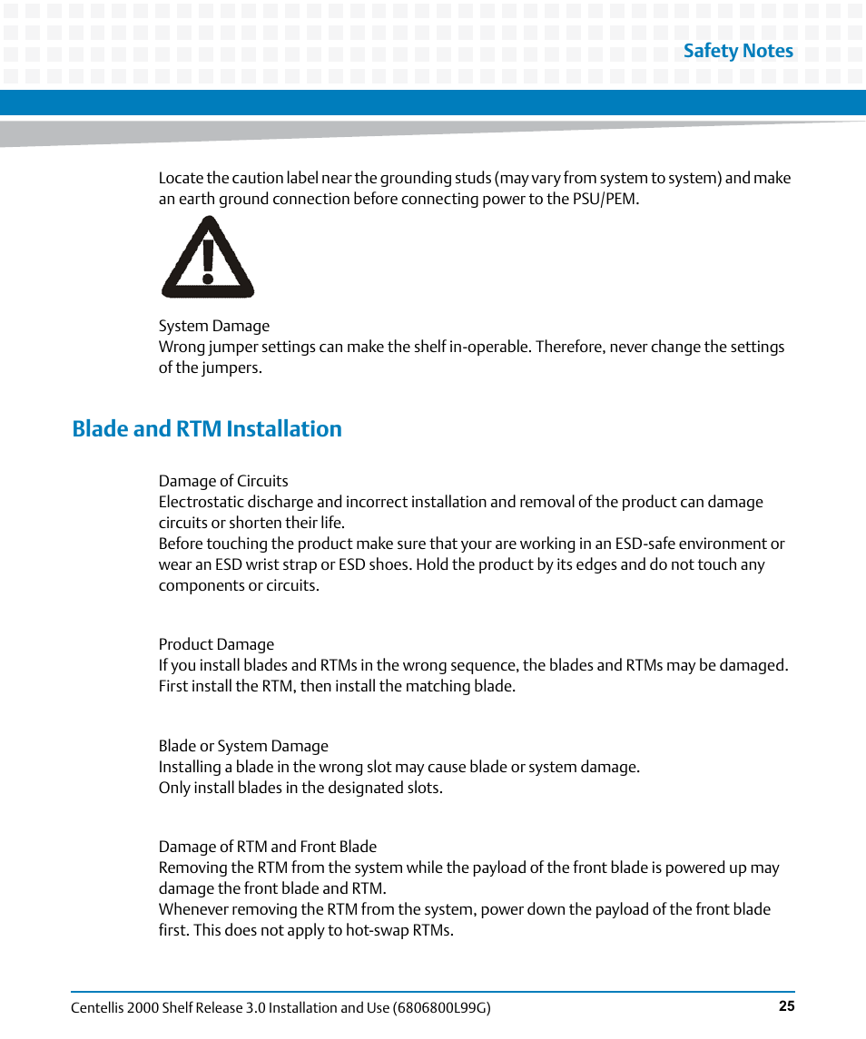 Blade and rtm installation | Artesyn Centellis 2000 Shelf Release 3.0 Installation and Use (May 2014) User Manual | Page 25 / 192