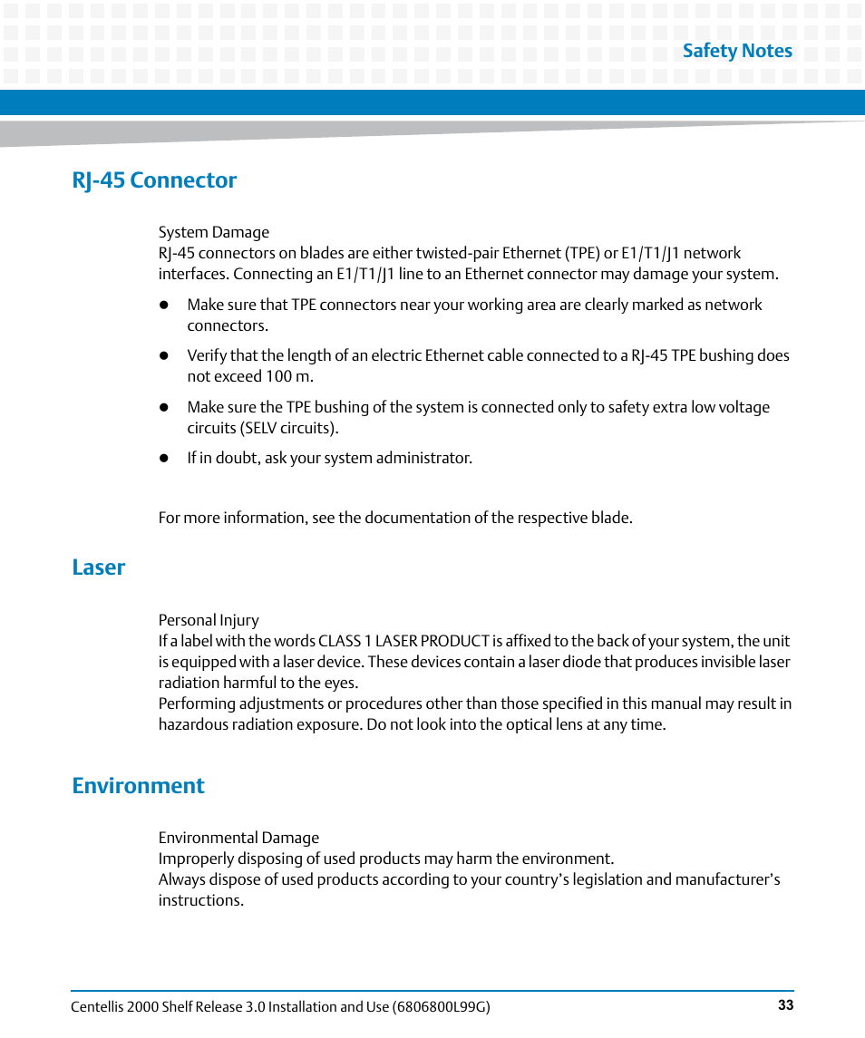 Rj-45 connector, Laser, Environment | Artesyn Centellis 2000 Shelf Release 3.0 Installation and Use (May 2014) User Manual | Page 33 / 192