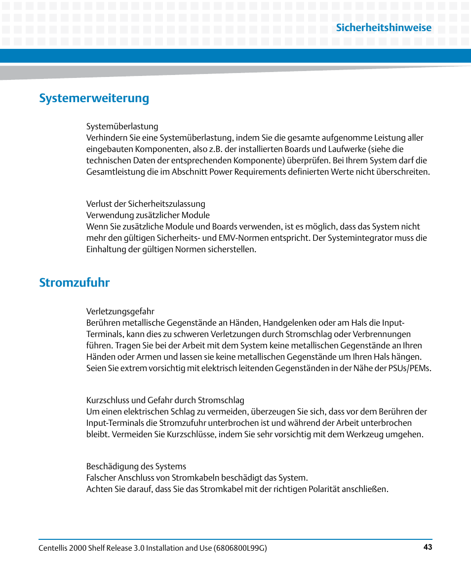 Systemerweiterung, Stromzufuhr | Artesyn Centellis 2000 Shelf Release 3.0 Installation and Use (May 2014) User Manual | Page 43 / 192