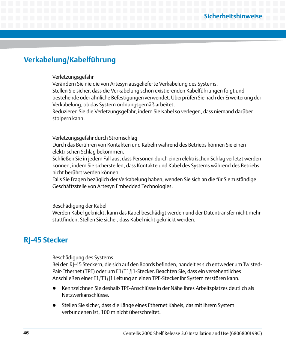 Verkabelung/kabelführung, Rj-45 stecker | Artesyn Centellis 2000 Shelf Release 3.0 Installation and Use (May 2014) User Manual | Page 46 / 192