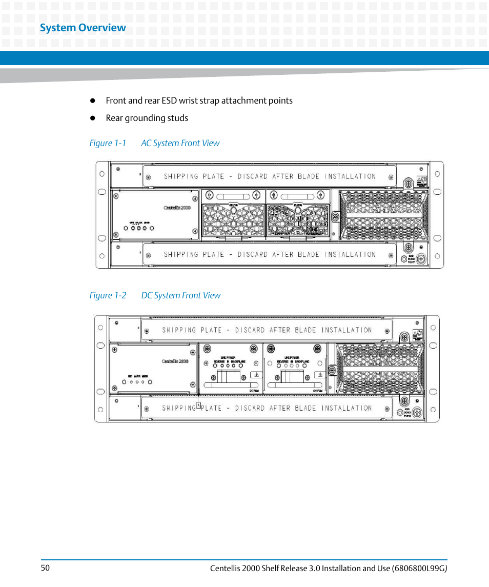 Figure 1-1, Ac system front view, Figure 1-2 | Dc system front view, System overview | Artesyn Centellis 2000 Shelf Release 3.0 Installation and Use (May 2014) User Manual | Page 50 / 192