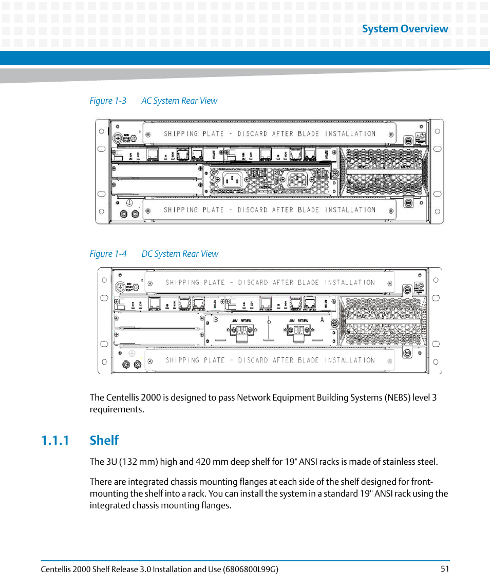 1 shelf, Figure 1-3, Ac system rear view | Figure 1-4, Dc system rear view | Artesyn Centellis 2000 Shelf Release 3.0 Installation and Use (May 2014) User Manual | Page 51 / 192