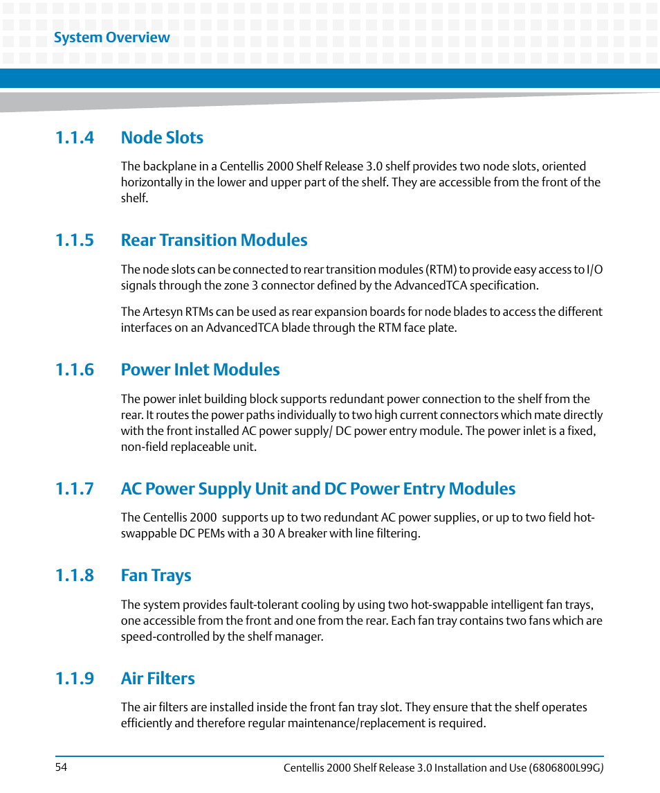 4 node slots, 5 rear transition modules, 6 power inlet modules | 7 ac power supply unit and dc power entry modules, 8 fan trays, 9 air filters | Artesyn Centellis 2000 Shelf Release 3.0 Installation and Use (May 2014) User Manual | Page 54 / 192