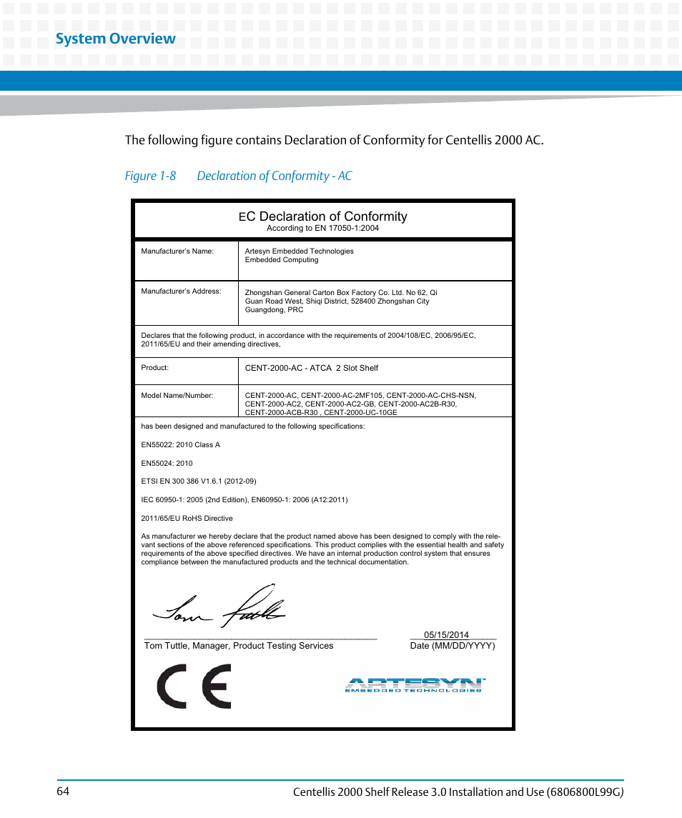 Figure 1-8, Declaration of conformity - ac, System overview | C declaration of conformity | Artesyn Centellis 2000 Shelf Release 3.0 Installation and Use (May 2014) User Manual | Page 64 / 192