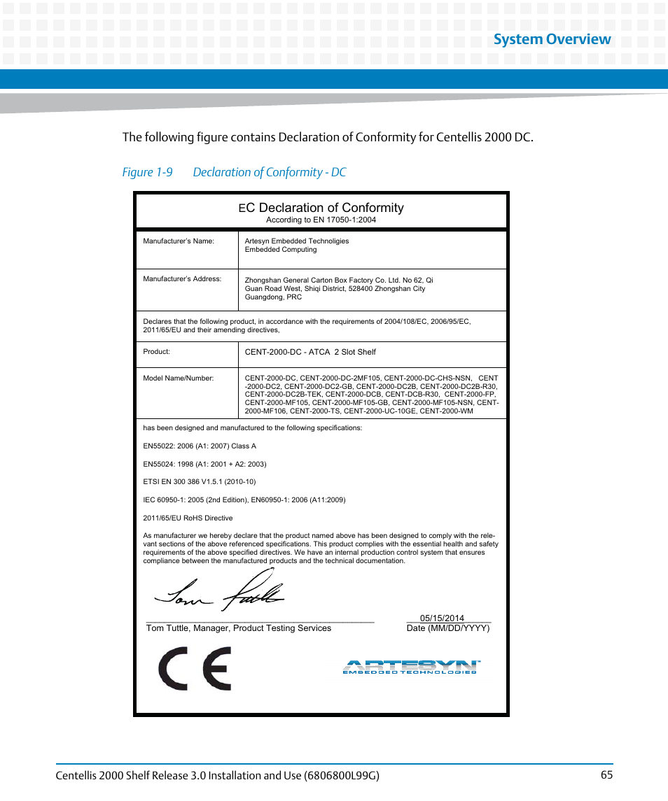 Figure 1-9, Declaration of conformity - dc, System overview | C declaration of conformity | Artesyn Centellis 2000 Shelf Release 3.0 Installation and Use (May 2014) User Manual | Page 65 / 192