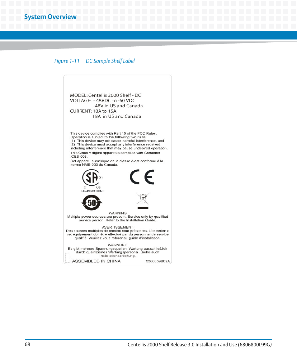 Figure 1-11, Dc sample shelf label, System overview | Artesyn Centellis 2000 Shelf Release 3.0 Installation and Use (May 2014) User Manual | Page 68 / 192