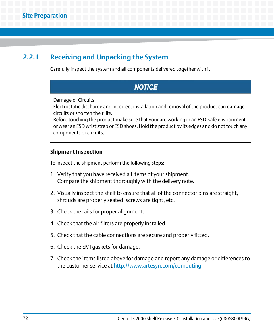 1 receiving and unpacking the system | Artesyn Centellis 2000 Shelf Release 3.0 Installation and Use (May 2014) User Manual | Page 72 / 192