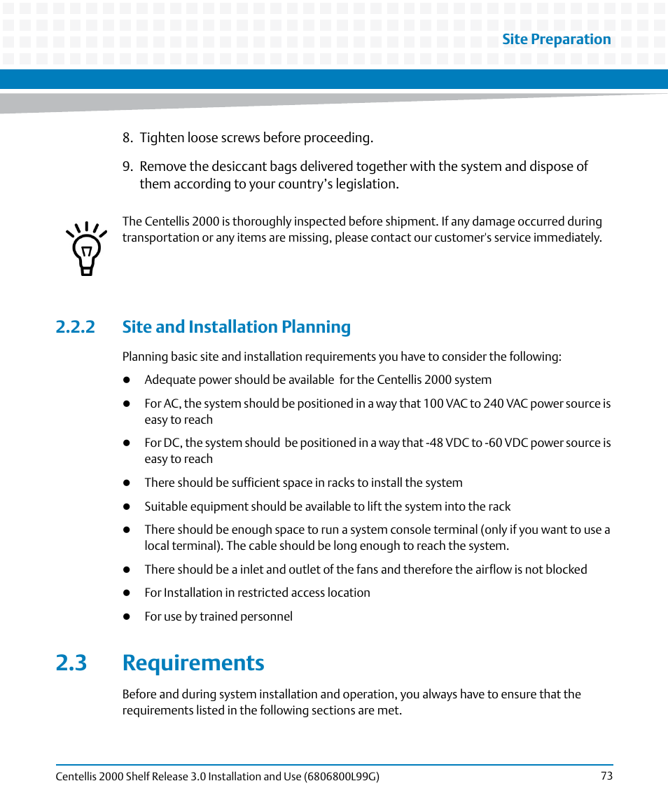 2 site and installation planning, 3 requirements, Requirements | Artesyn Centellis 2000 Shelf Release 3.0 Installation and Use (May 2014) User Manual | Page 73 / 192