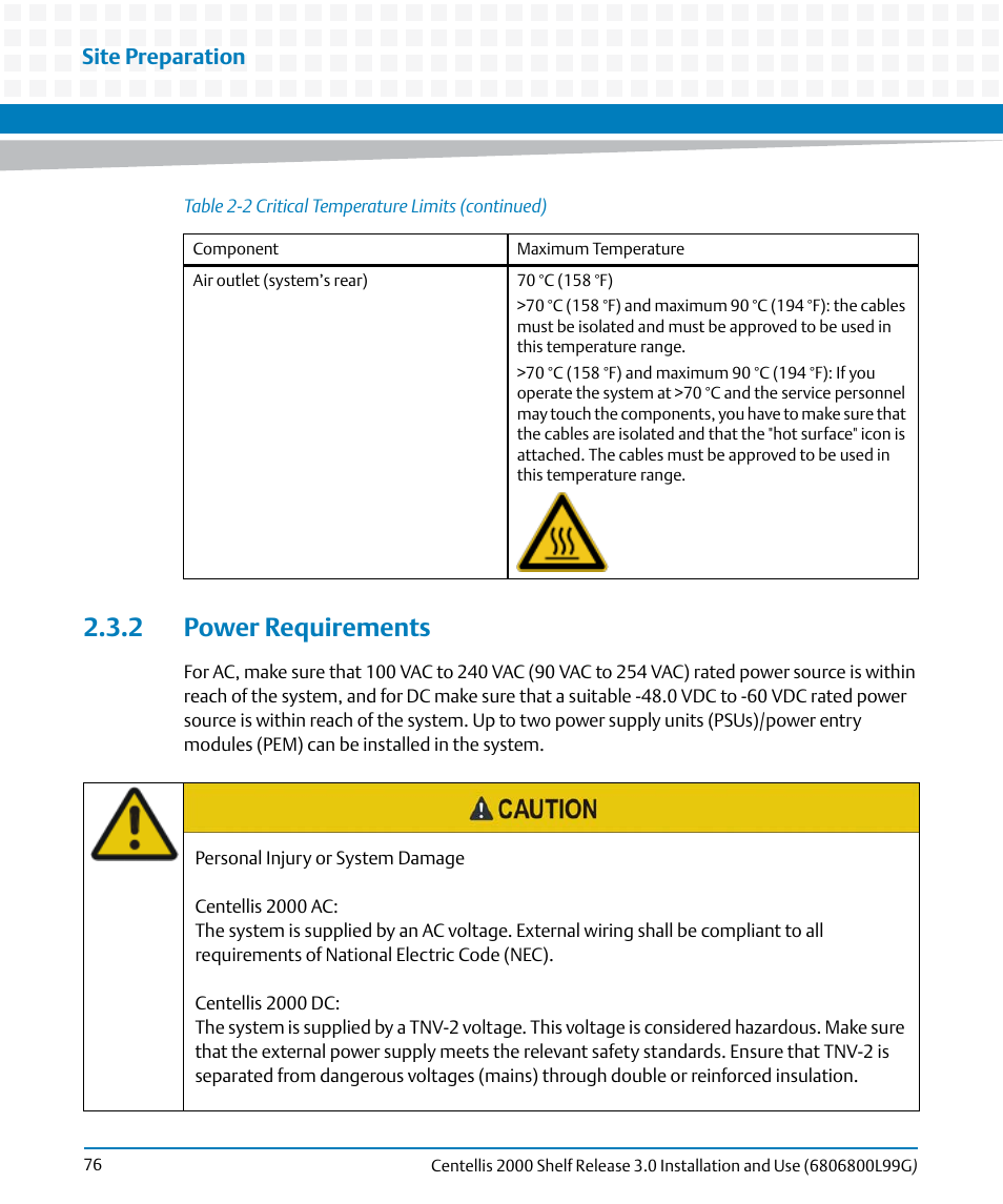 2 power requirements, Site preparation | Artesyn Centellis 2000 Shelf Release 3.0 Installation and Use (May 2014) User Manual | Page 76 / 192