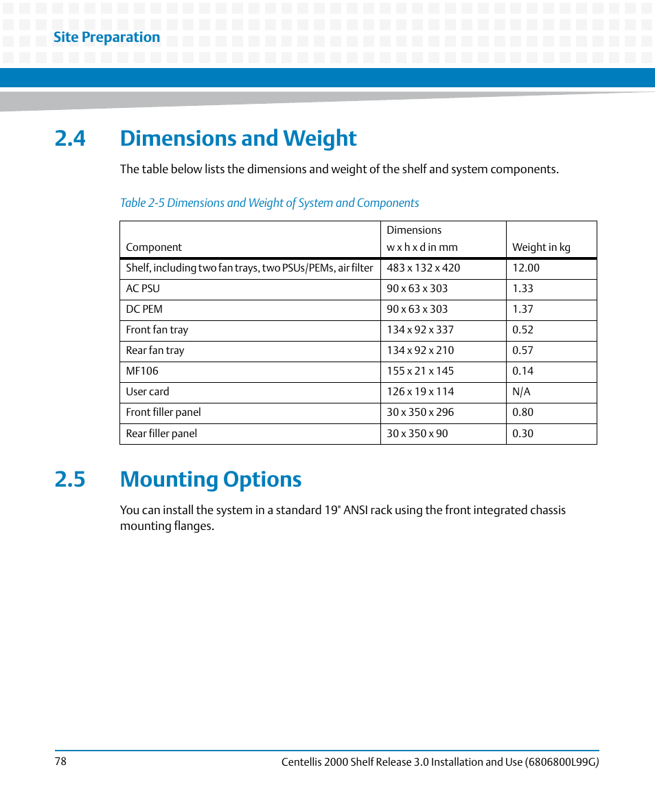 4 dimensions and weight, 5 mounting options, 4 dimensions and weight 2.5 mounting options | Table 2-5, Dimensions and weight of system and components, Dimensions and weight, Mounting options, Site preparation | Artesyn Centellis 2000 Shelf Release 3.0 Installation and Use (May 2014) User Manual | Page 78 / 192