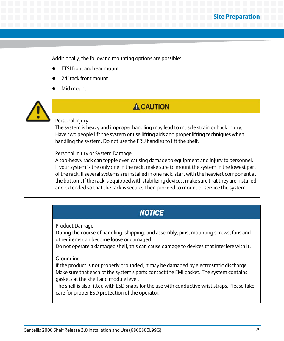 Site preparation | Artesyn Centellis 2000 Shelf Release 3.0 Installation and Use (May 2014) User Manual | Page 79 / 192