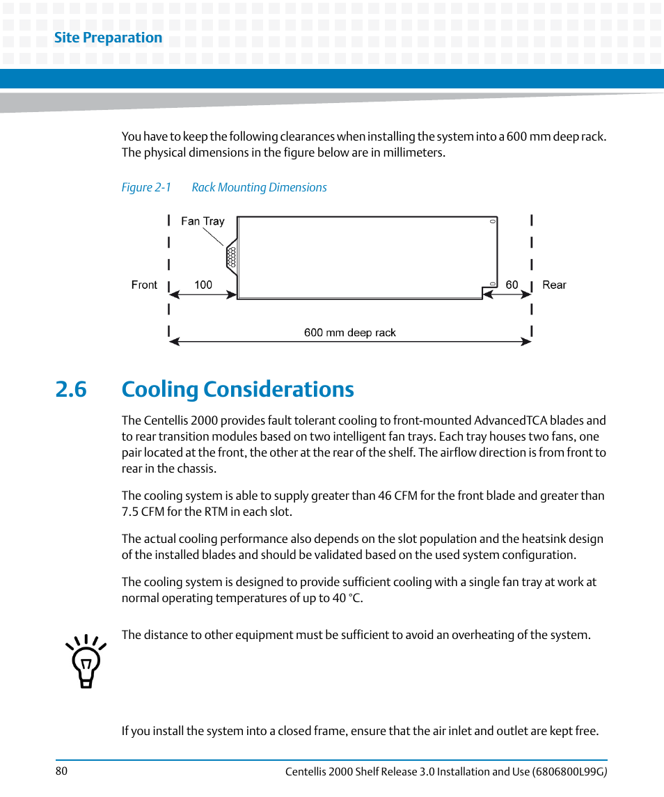 6 cooling considerations, Figure 2-1, Rack mounting dimensions | Cooling considerations | Artesyn Centellis 2000 Shelf Release 3.0 Installation and Use (May 2014) User Manual | Page 80 / 192