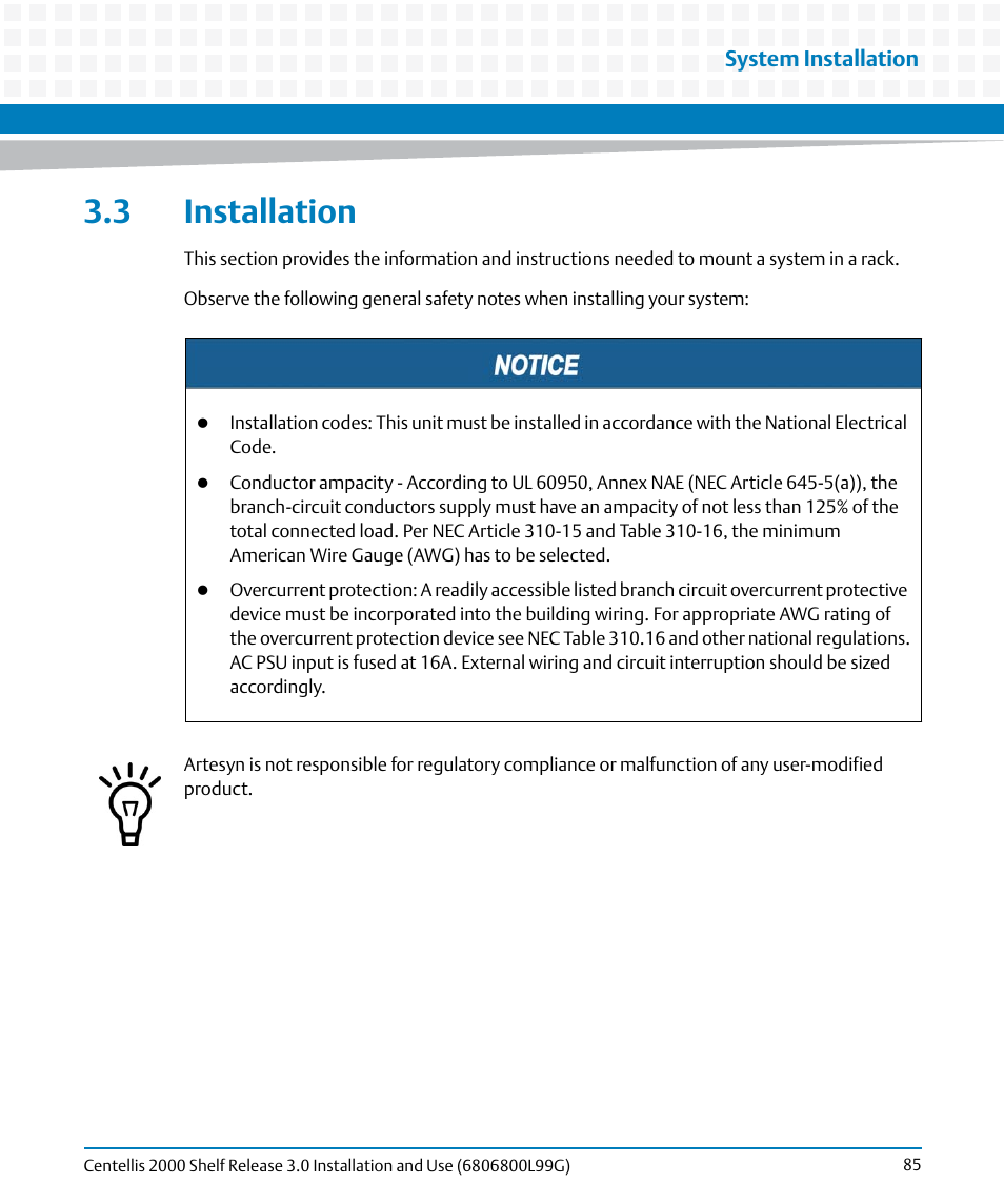 3 installation, Installation | Artesyn Centellis 2000 Shelf Release 3.0 Installation and Use (May 2014) User Manual | Page 85 / 192