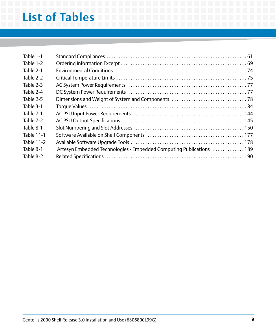 List of tables | Artesyn Centellis 2000 Shelf Release 3.0 Installation and Use (May 2014) User Manual | Page 9 / 192