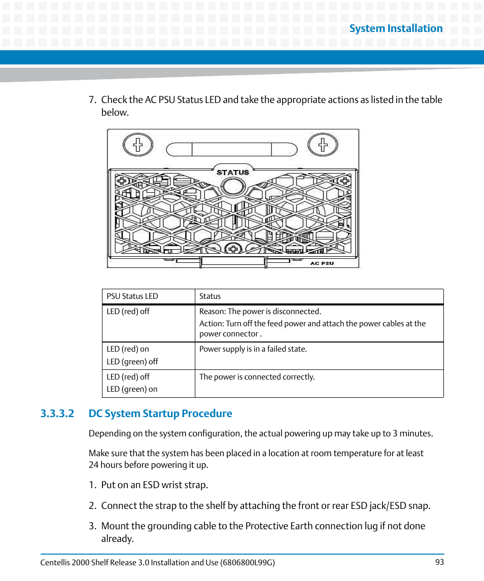 2 dc system startup procedure, Ions, Dc system startup | Procedure, System installation | Artesyn Centellis 2000 Shelf Release 3.0 Installation and Use (May 2014) User Manual | Page 93 / 192