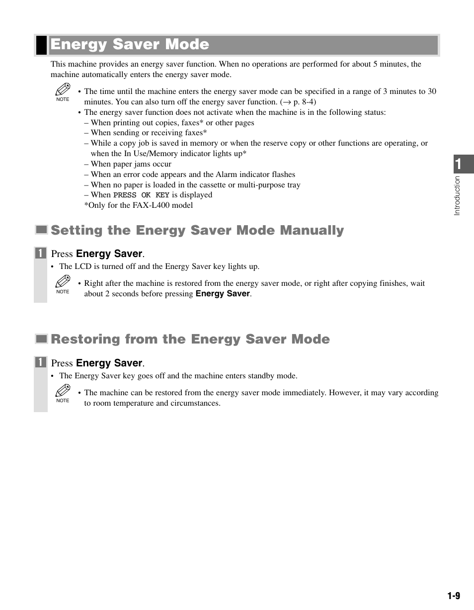 Energy saver mode, Setting the energy saver mode manually, Restoring from the energy saver mode | Canon PC-D340 User Manual | Page 16 / 66