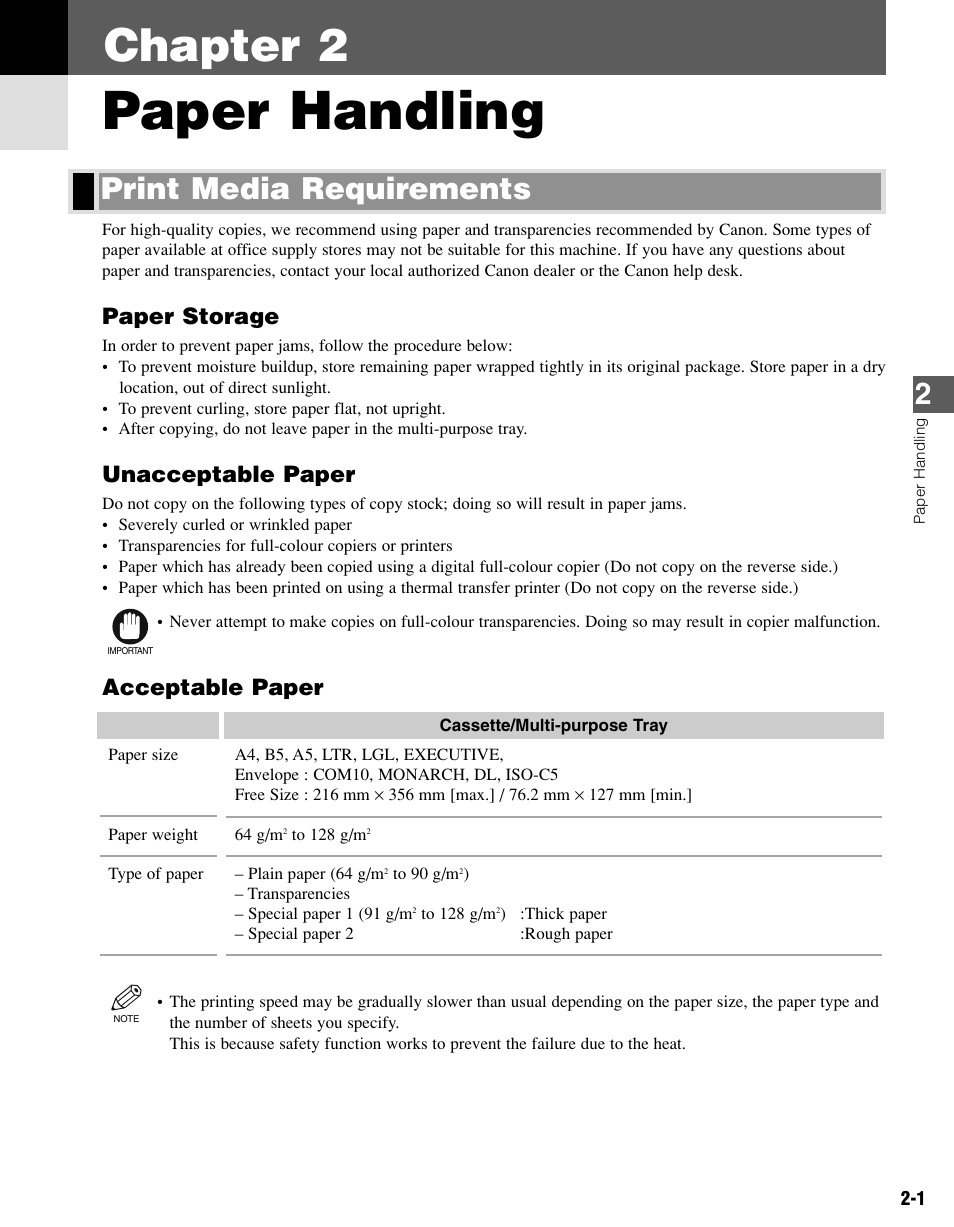 Chapter 2 paper handling, Print media requirements, Paper handling | Chapter 2, Paper storage, Unacceptable paper, Acceptable paper | Canon PC-D340 User Manual | Page 18 / 66