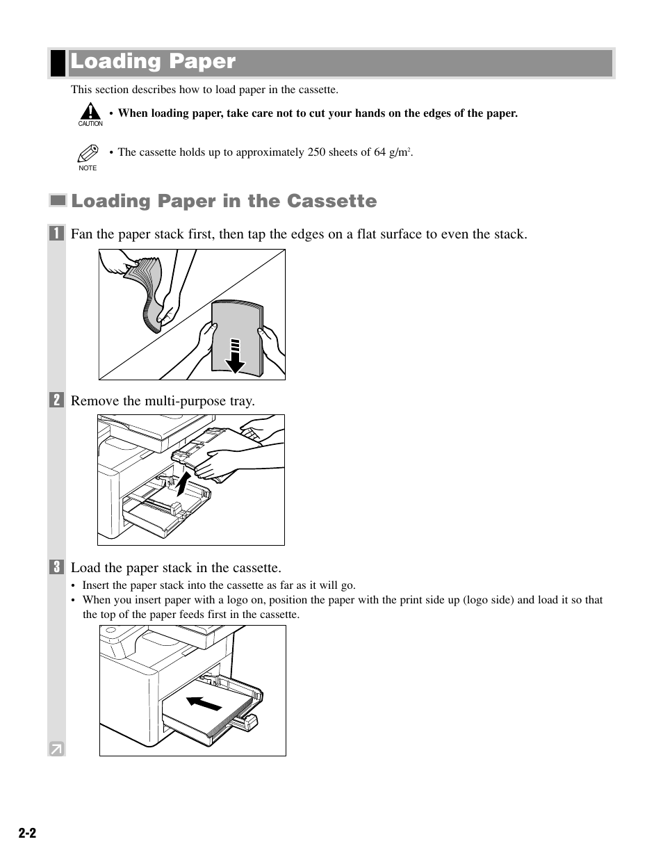 Loading paper, Loading paper in the cassette | Canon PC-D340 User Manual | Page 19 / 66