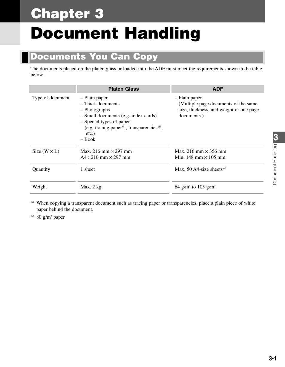 Chapter 3 document handling, Documents you can copy, Document handling | Chapter 3 | Canon PC-D340 User Manual | Page 22 / 66