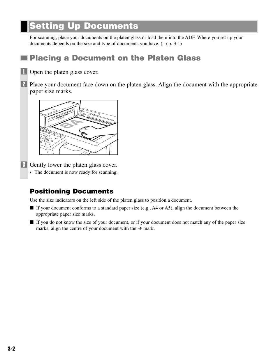 Setting up documents, Placing a document on the platen glass | Canon PC-D340 User Manual | Page 23 / 66