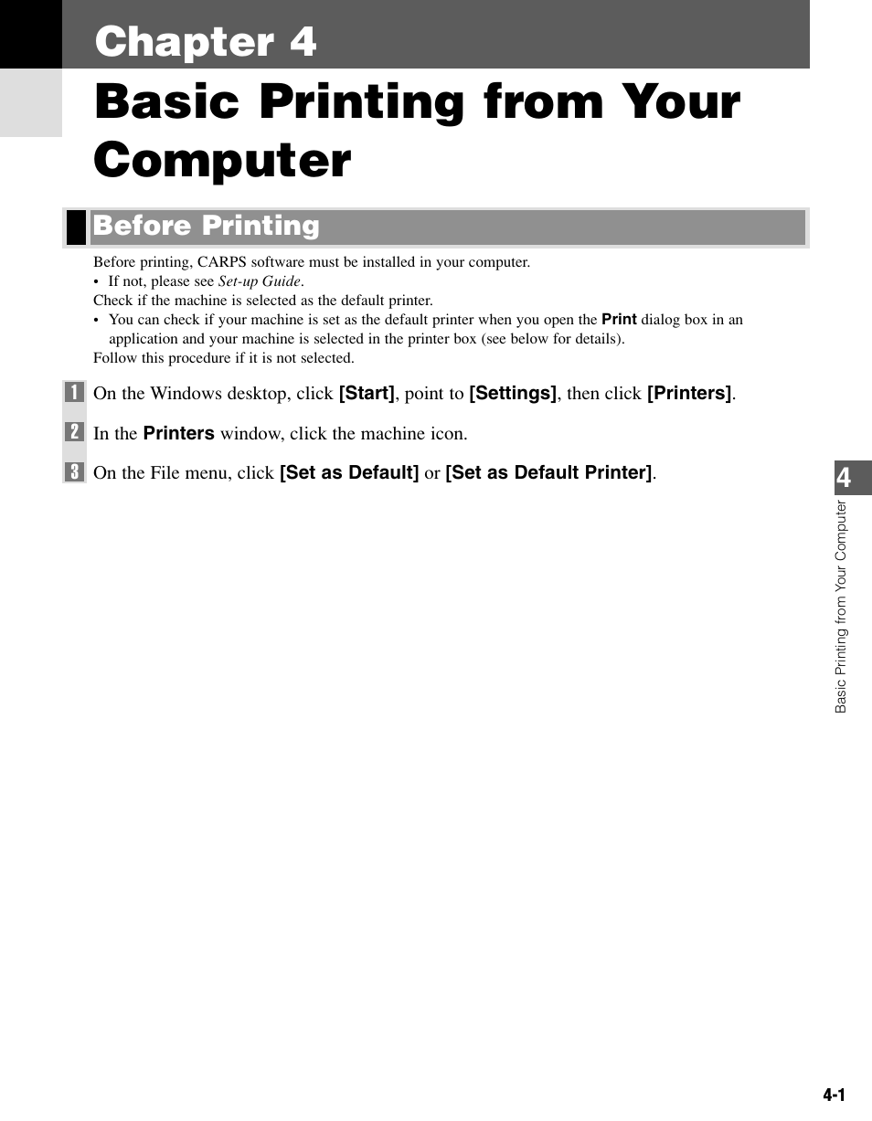 Chapter 4 basic printing from your computer, Before printing, Basic printing from your computer | Chapter 4 | Canon PC-D340 User Manual | Page 26 / 66