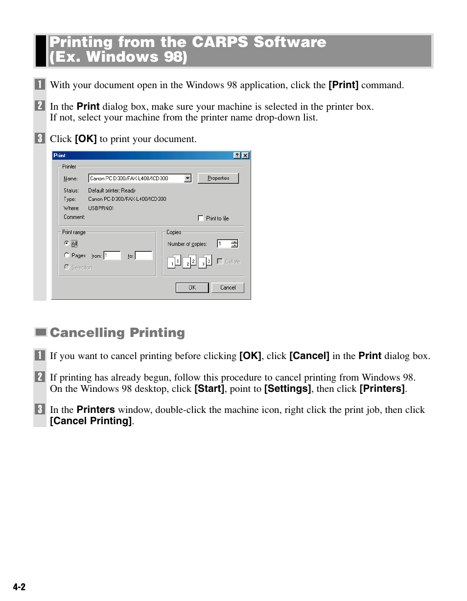 Printing from the carps software (ex. windows 98), Cancelling printing | Canon PC-D340 User Manual | Page 27 / 66