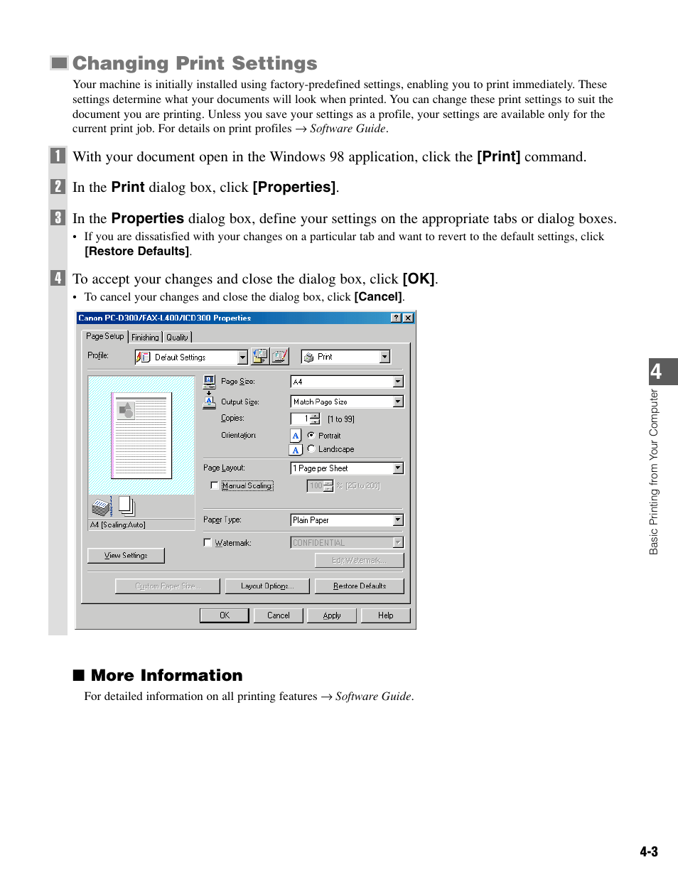 Changing print settings | Canon PC-D340 User Manual | Page 28 / 66