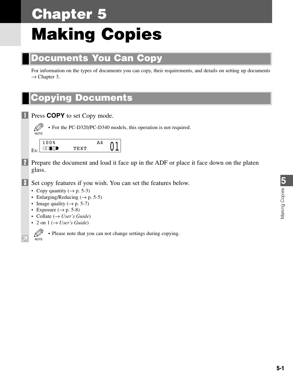 Chapter 5 making copies, Documents you can copy, Copying documents | Making copies, Chapter 5 01, Copying documents documents you can copy | Canon PC-D340 User Manual | Page 30 / 66