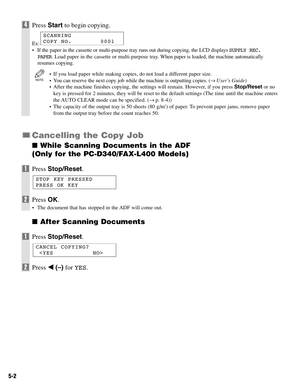 Cancelling the copy job, After scanning documents 1 | Canon PC-D340 User Manual | Page 31 / 66