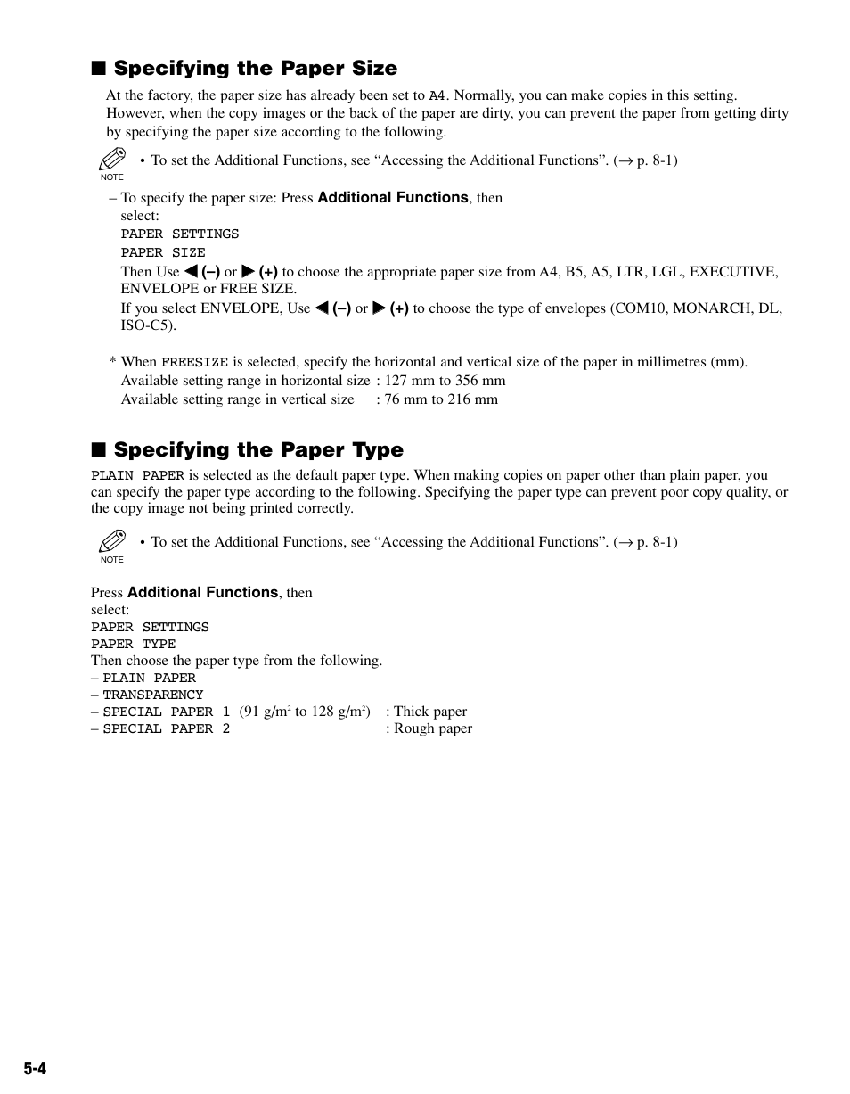 Specifying the paper size, Specifying the paper type | Canon PC-D340 User Manual | Page 33 / 66