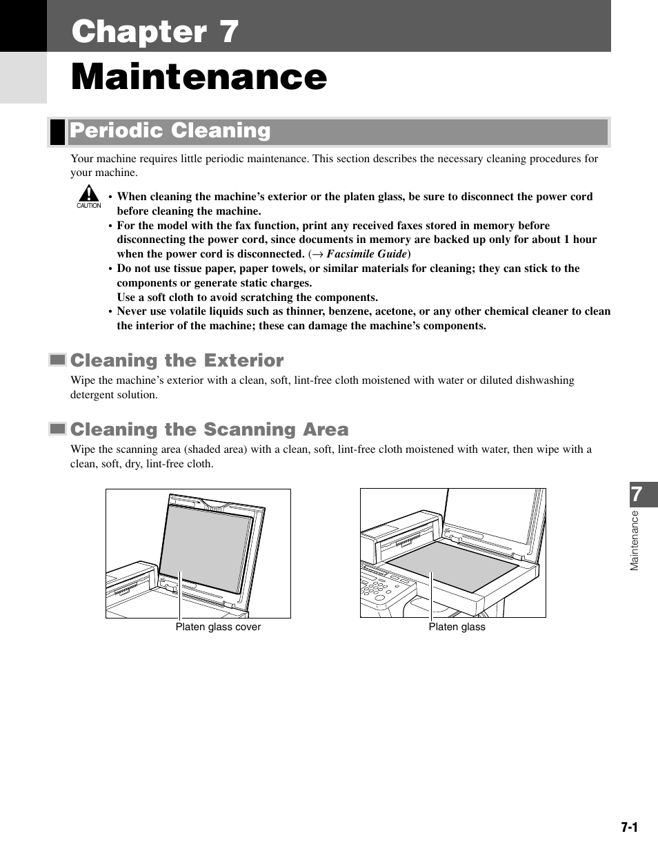 Chapter 7 maintenance, Periodic cleaning, Maintenance | Chapter 7, Cleaning the exterior, Cleaning the scanning area | Canon PC-D340 User Manual | Page 44 / 66