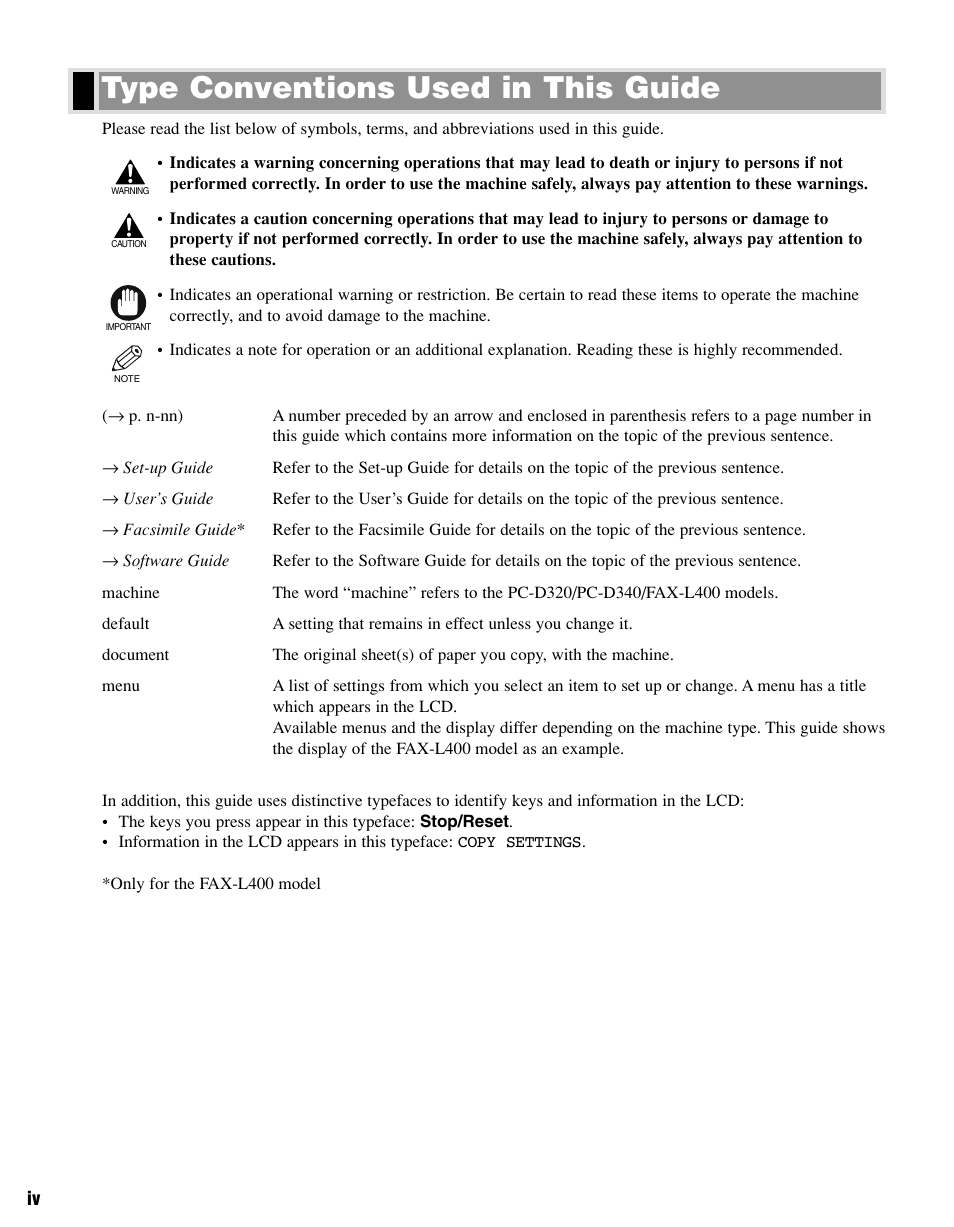 Type conventions used in this guide | Canon PC-D340 User Manual | Page 5 / 66