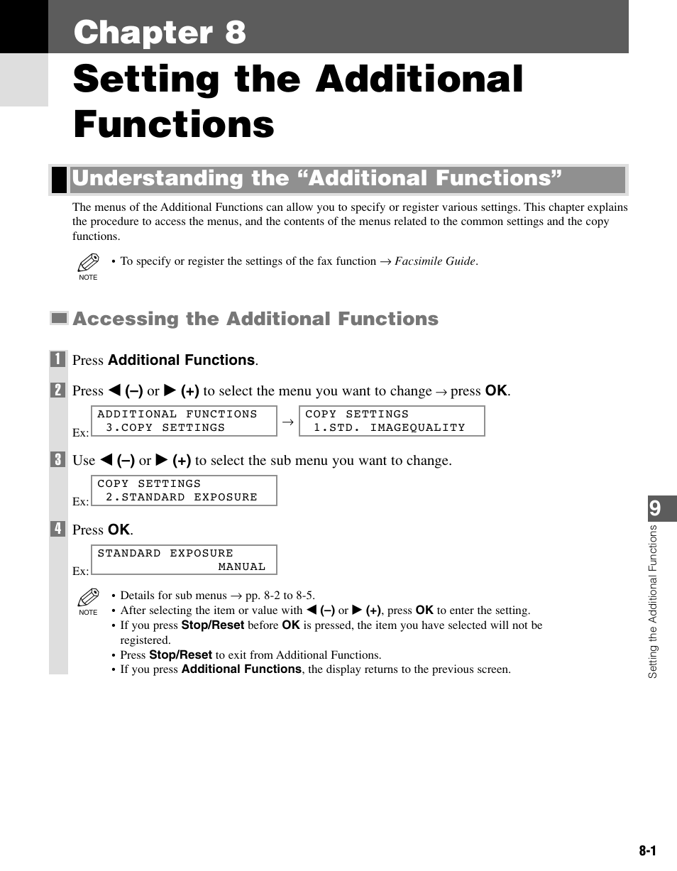 Chapter 8 setting the additional functions, Understanding the “additional functions, Setting the additional functions | Chapter 8, Understanding the “additional functions” 9, Accessing the additional functions | Canon PC-D340 User Manual | Page 54 / 66