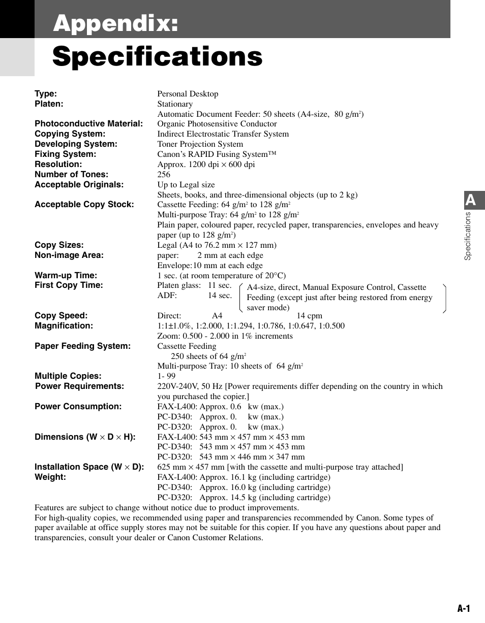 Appendix: specifications, Specifications, Appendix | Canon PC-D340 User Manual | Page 60 / 66