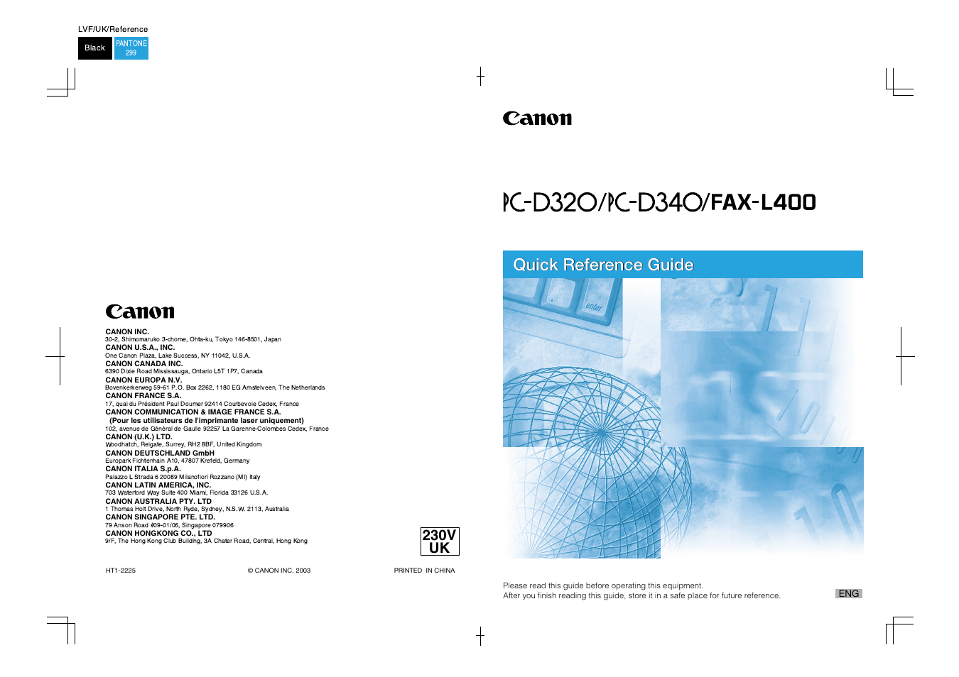 Quick reference guide, 230v uk | Canon PC-D340 User Manual | Page 66 / 66