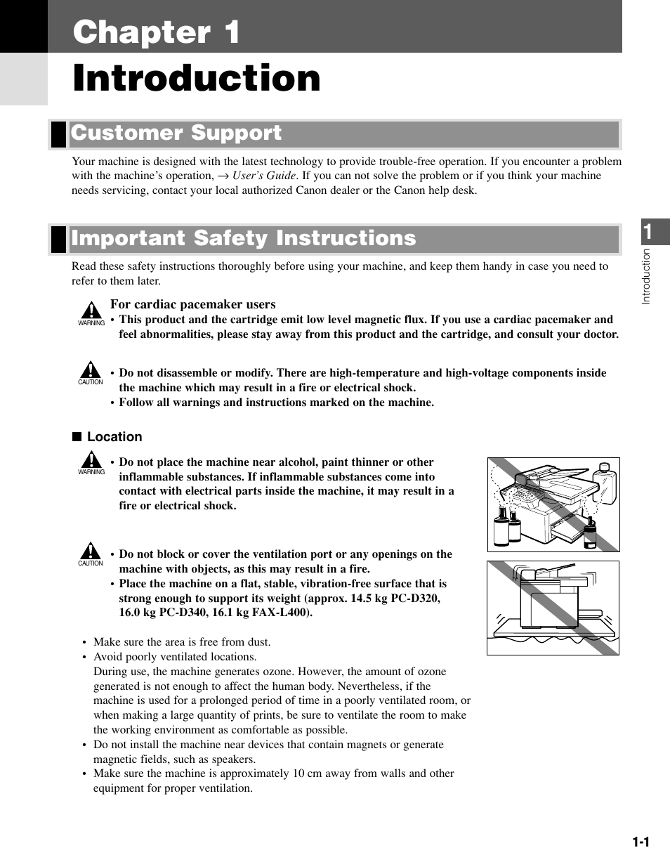 Chapter 1 introduction, Customer support, Important safety instructions | Introduction, Chapter 1, Important safety instructions customer support | Canon PC-D340 User Manual | Page 8 / 66