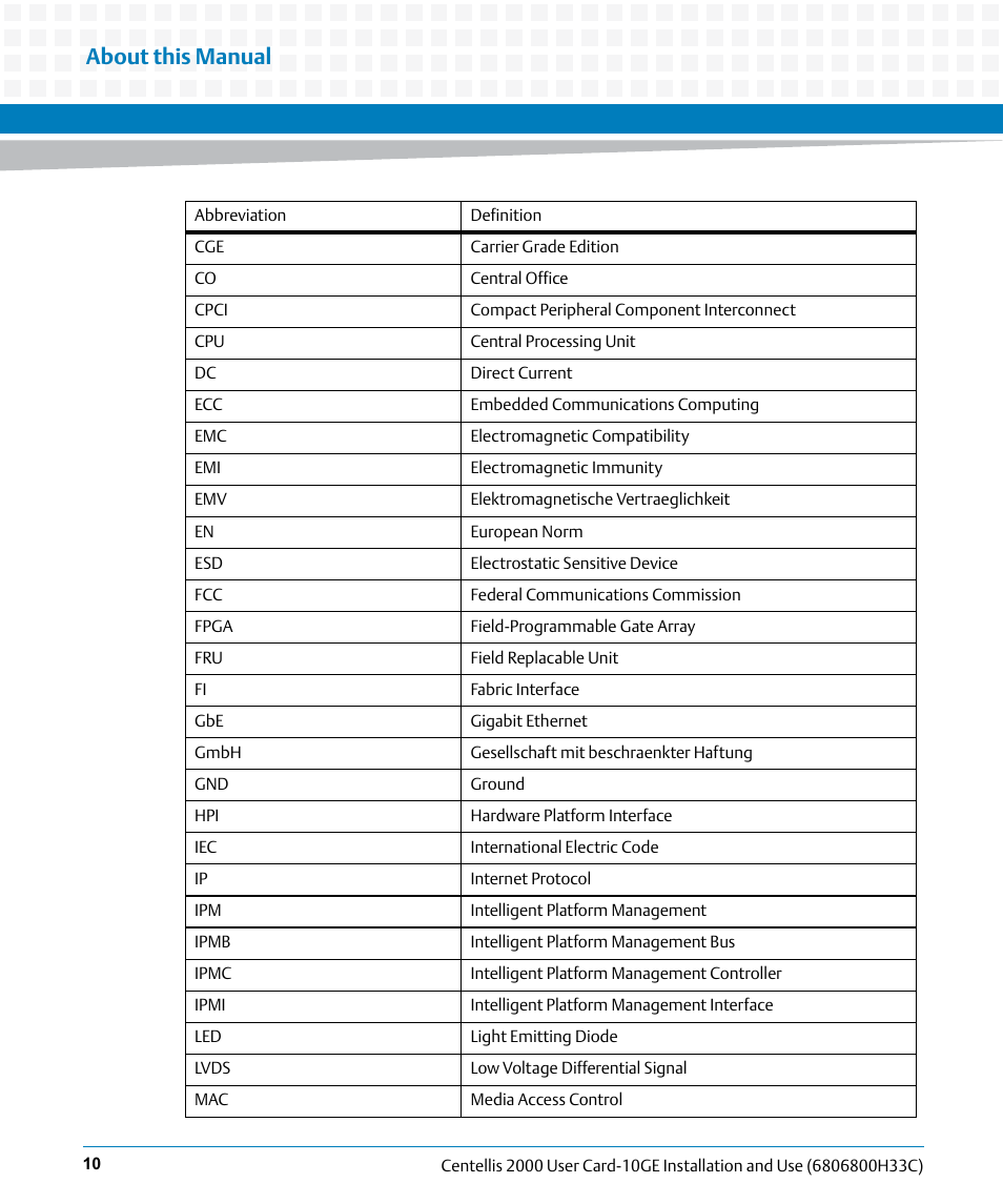 About this manual | Artesyn Centellis 2000 User Card-10GE Installation and Use (May 2014) User Manual | Page 10 / 54