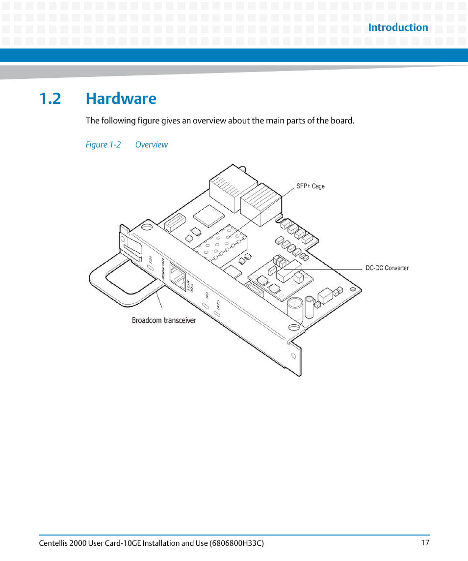 2 hardware, Figure 1-2, Overview | Artesyn Centellis 2000 User Card-10GE Installation and Use (May 2014) User Manual | Page 17 / 54