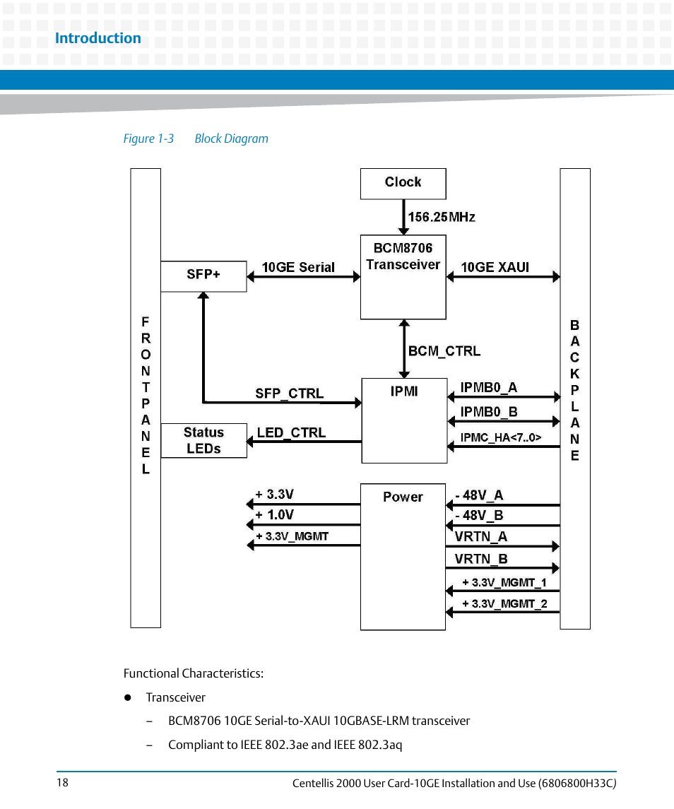 Figure 1-3, Block diagram, Introduction | Artesyn Centellis 2000 User Card-10GE Installation and Use (May 2014) User Manual | Page 18 / 54