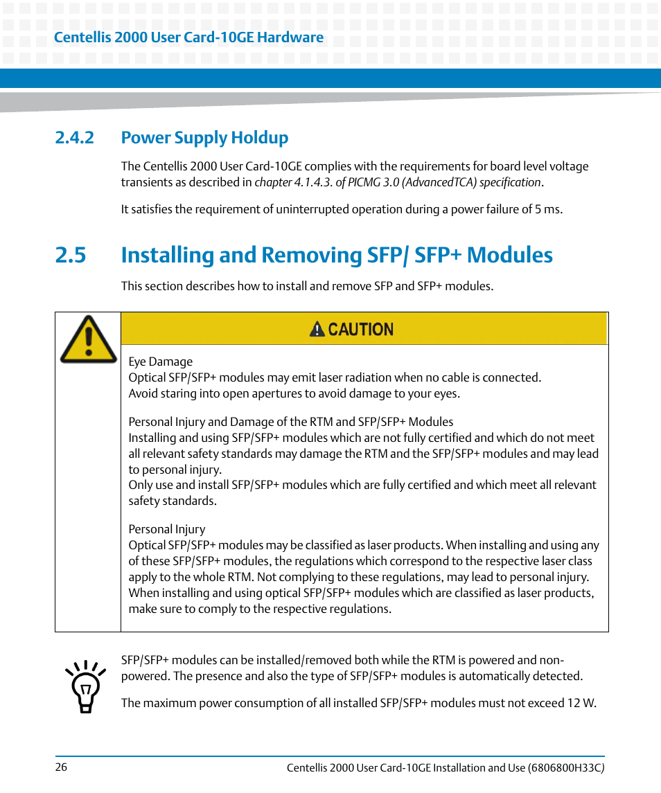 2 power supply holdup, 5 installing and removing sfp/ sfp+ modules | Artesyn Centellis 2000 User Card-10GE Installation and Use (May 2014) User Manual | Page 26 / 54